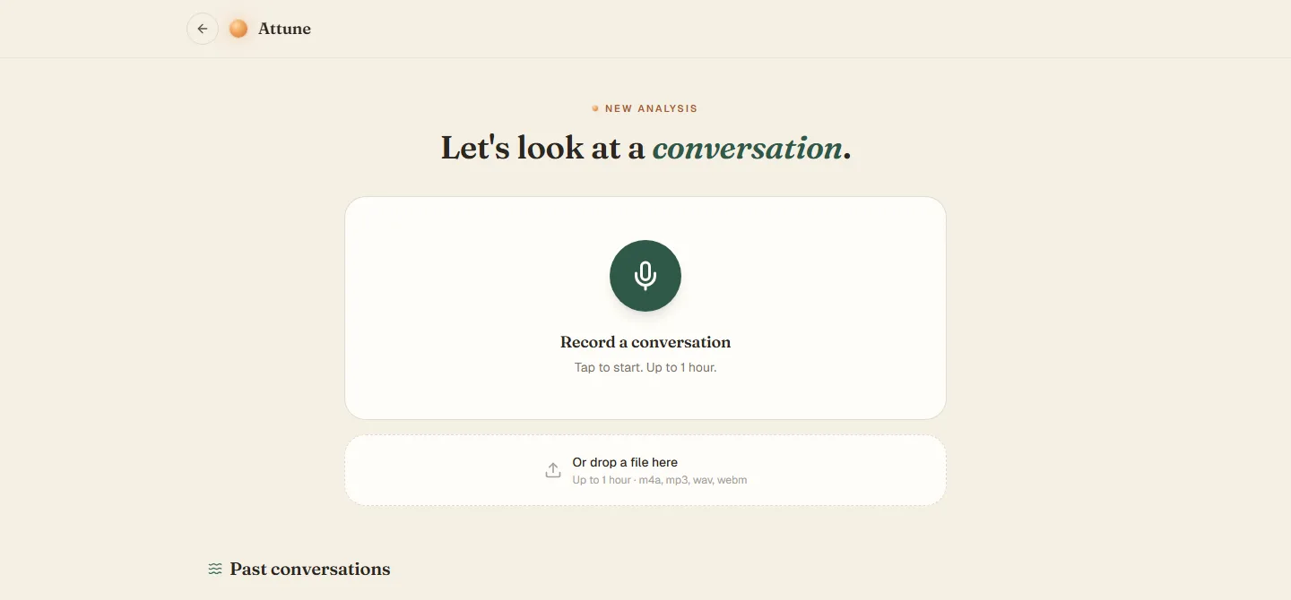 The recording screen: a microphone button, a file drop zone, and a list of past conversations