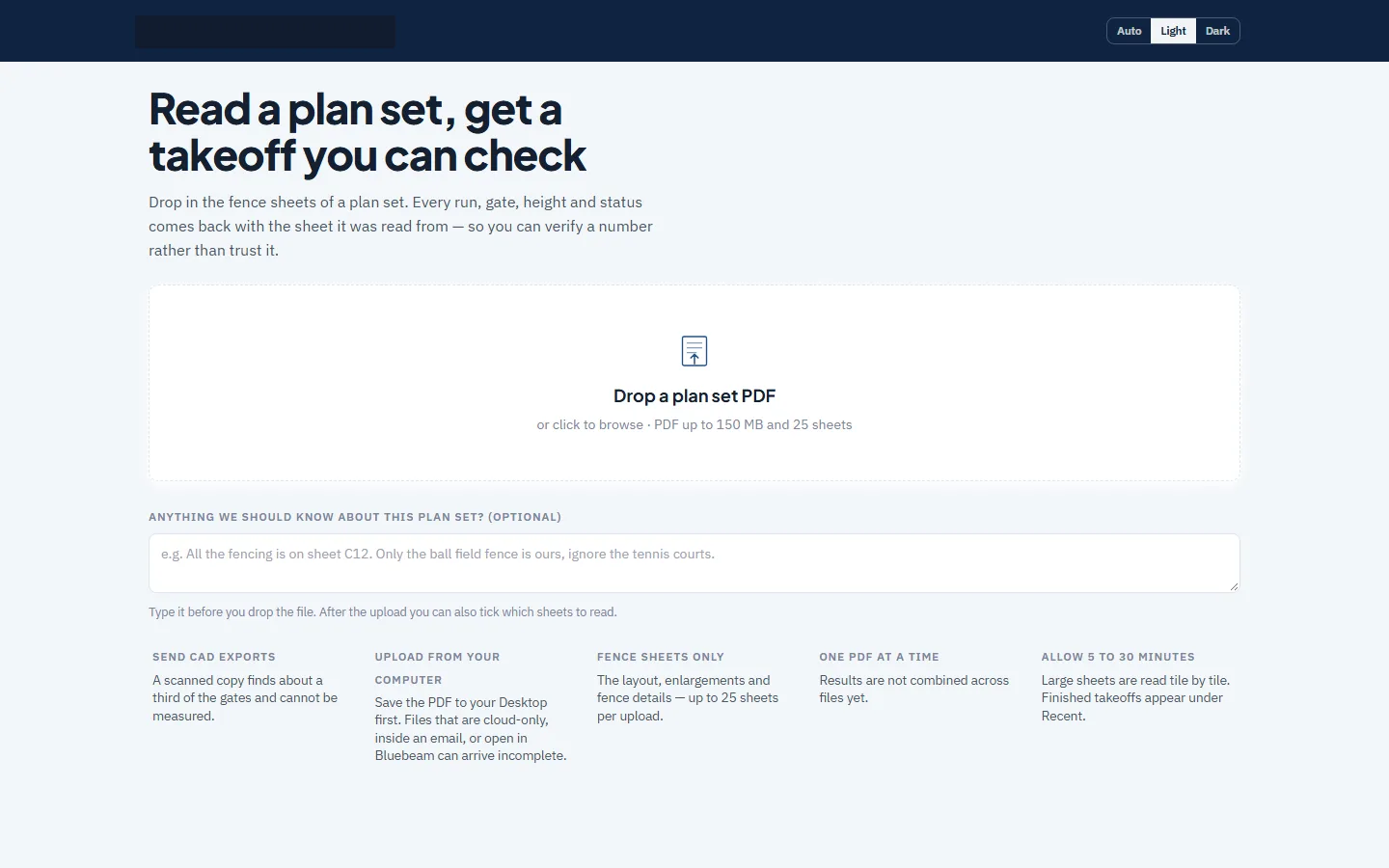 The upload screen: a plan set drop zone, an optional note field, and guidance on preparing files